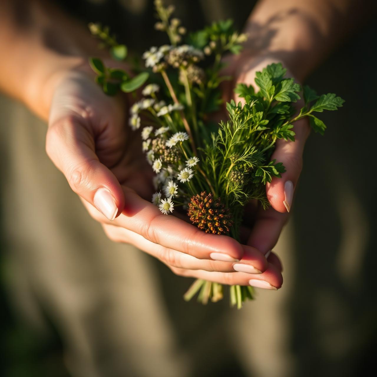 Hands holding freshly foraged wild herbs and flowers