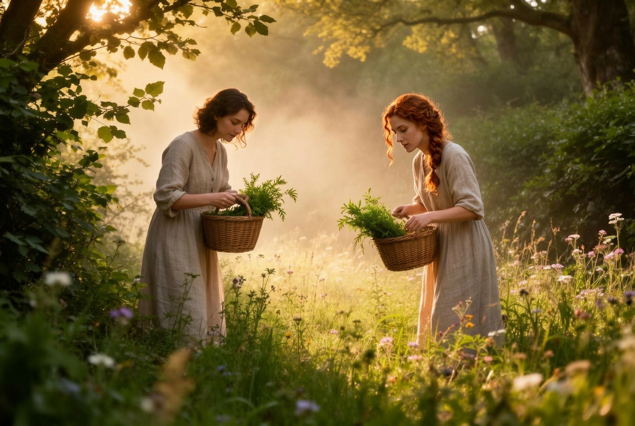 Two sisters foraging wild herbs in a misty summer meadow